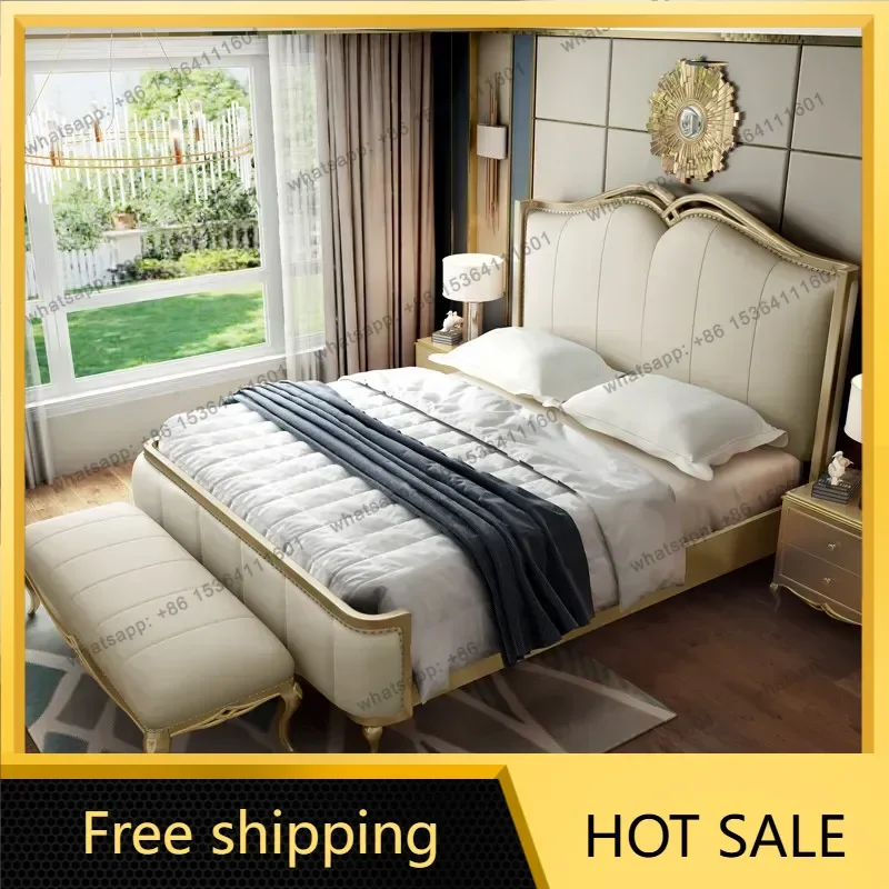 FG 180x200cm Bedroom Beds And Bed Frames Furniture Light Luxury European Style Solid Wood Leather Double Bed Full Size Beds Fram