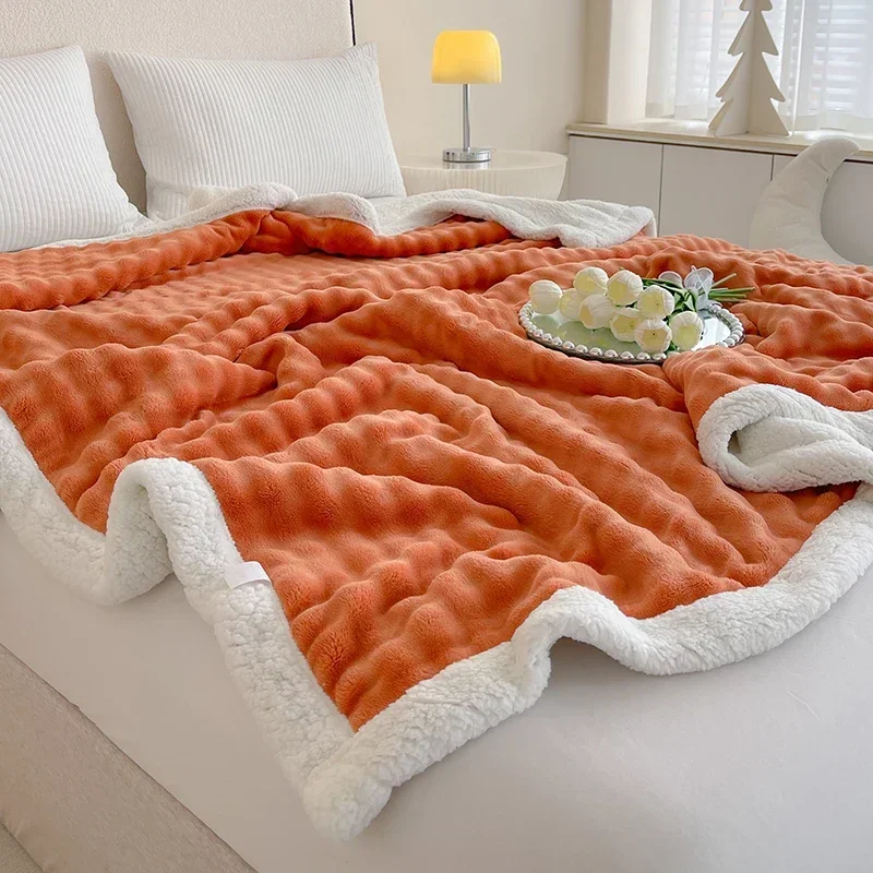 Thick Blankets Coral Fleece Plush Bedsheet Small Square Pattern Solid Color Blanket Fluffy Imitation Rabbit Lamb Wool Blanket