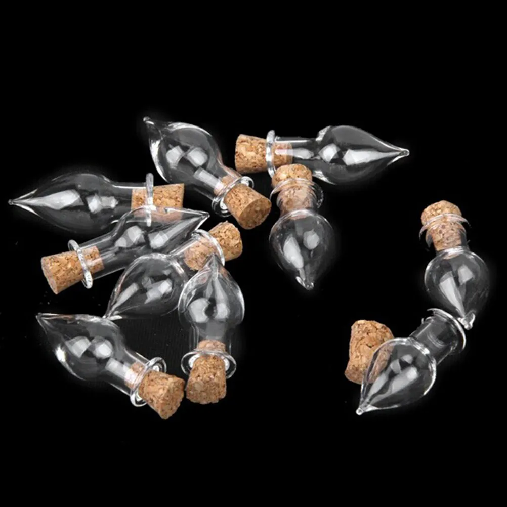 10Pcs Pure Clear Teardrop Shape Mini Glass Bottles Wooden Cork Stopper 2.8cm X 2.0cm for DIY Wish Bottles Necklace Pendants