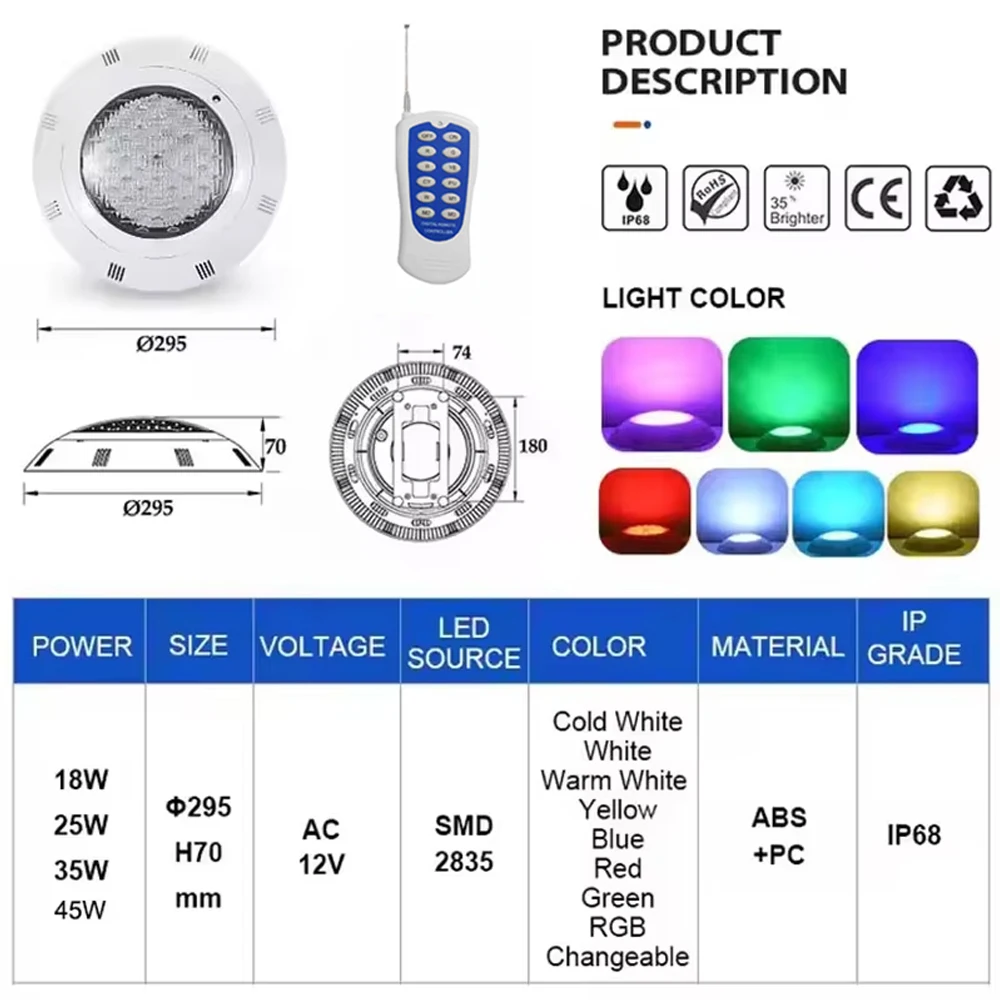 RGB Color Changing LED Underwater Light AC12V IP68 Waterproof 12W-45W Warm Cool White Lamp for Swimming Pool Pond Fountain Spa