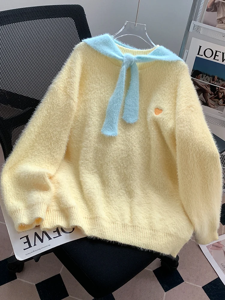

Sweet Yellow Knitted Pullover Women Autumn Winter Stylish Long Sleeve Love Embroidery Loose Sweater with Hooded Soft Warm Tops