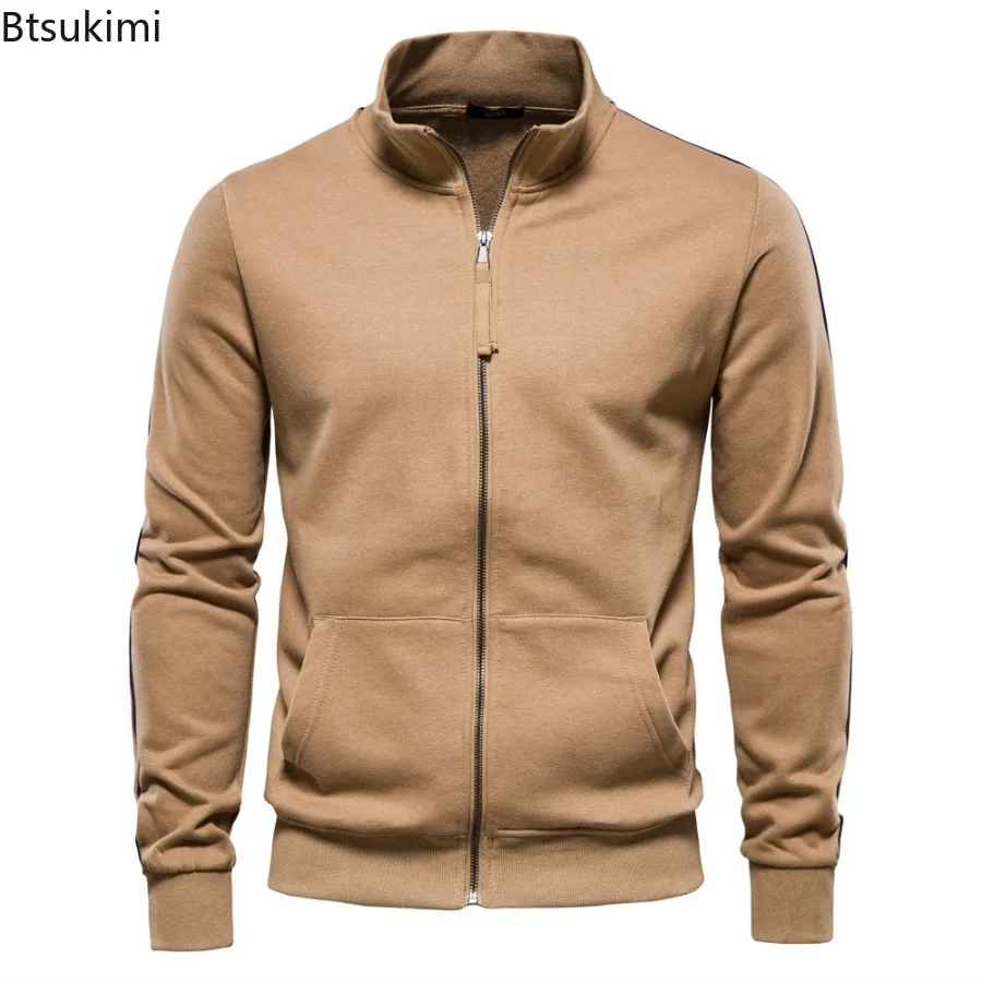 

2025 Spring Mens New Cotton-blend Solid Zip Up Long Sleeves Sweatshirts Casual Sport Cardigan Jacket Fashionable Male Sportswear