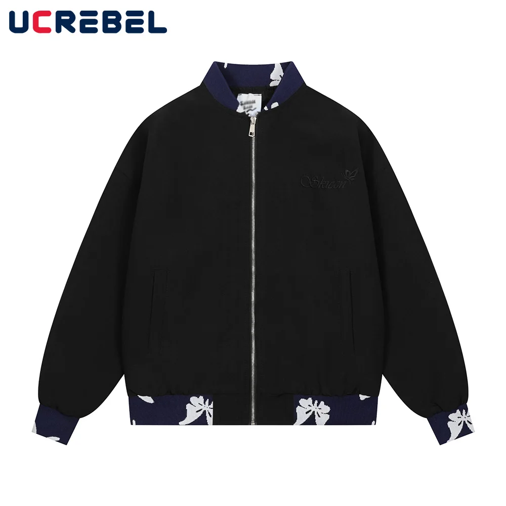 

Spliced Embroidery Jacket Mens High Street Autumn Winter Stand Collar Long Sleeve Loose Outerwear Men