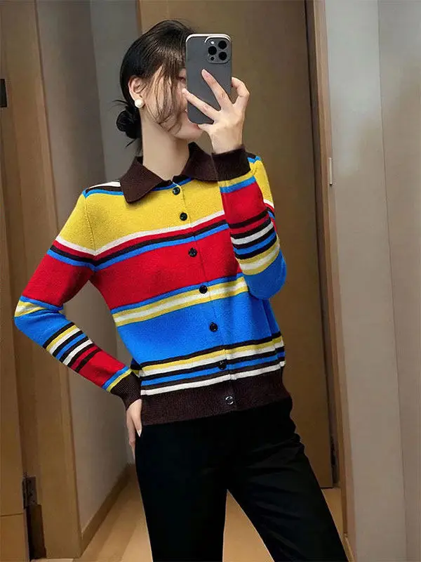 

plus Size Lazy Sle Striped Knitted Open Cardigan Women's Faion Loose Slimming Top Spring 2026 Korean Version Long Sve