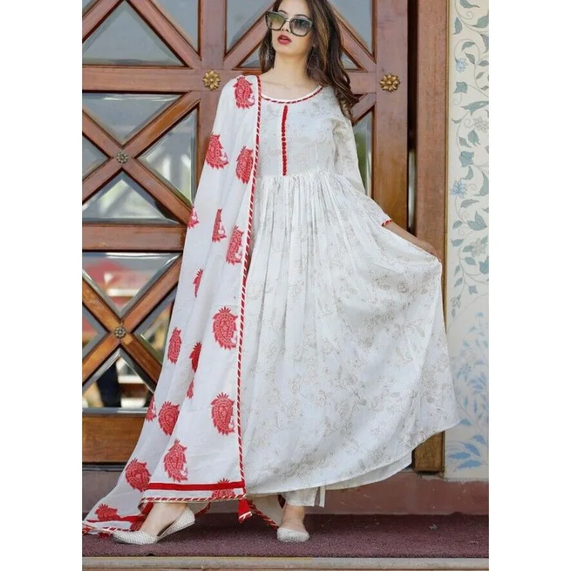 

Stitch Pakistan White Synthetic Silk Anarkali Salwar Kurti Pants and Dupatta Gift Dress