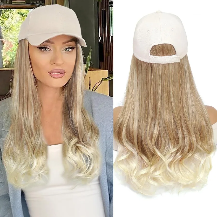 Perruque de chapeau casquette de Baseball avec extrémités ondulées racines droites Extensions de cheveux attachées perruque de remplacement de cheveux en fibres synthétiques résistantes à la chaleur