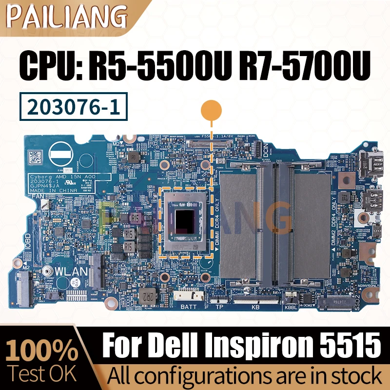 For Dell Inspiron 5515 Notebook Mainboard Laptop 203076-1 0WCD6Y 0KDKG8 R5-5500U R7-5700U Motherboard Full Tested