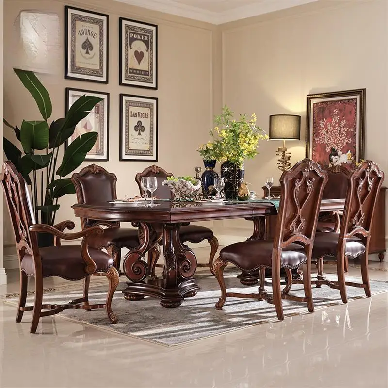 Retro American style solid wood long dining table European style villa rectangular stretching dining table dining table