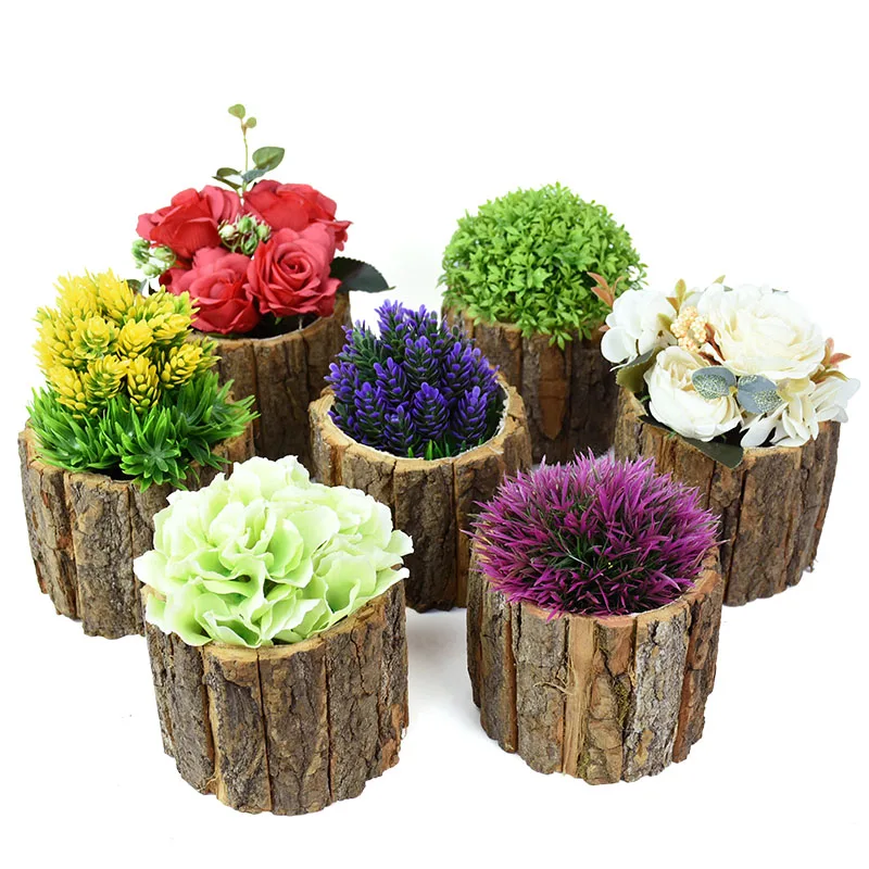 1PC Wooden Bark Bonsai Flower Pot Planter Container Farmhouse Flower Bucket Wood Log Plant Container Home Garden Decor Supplies