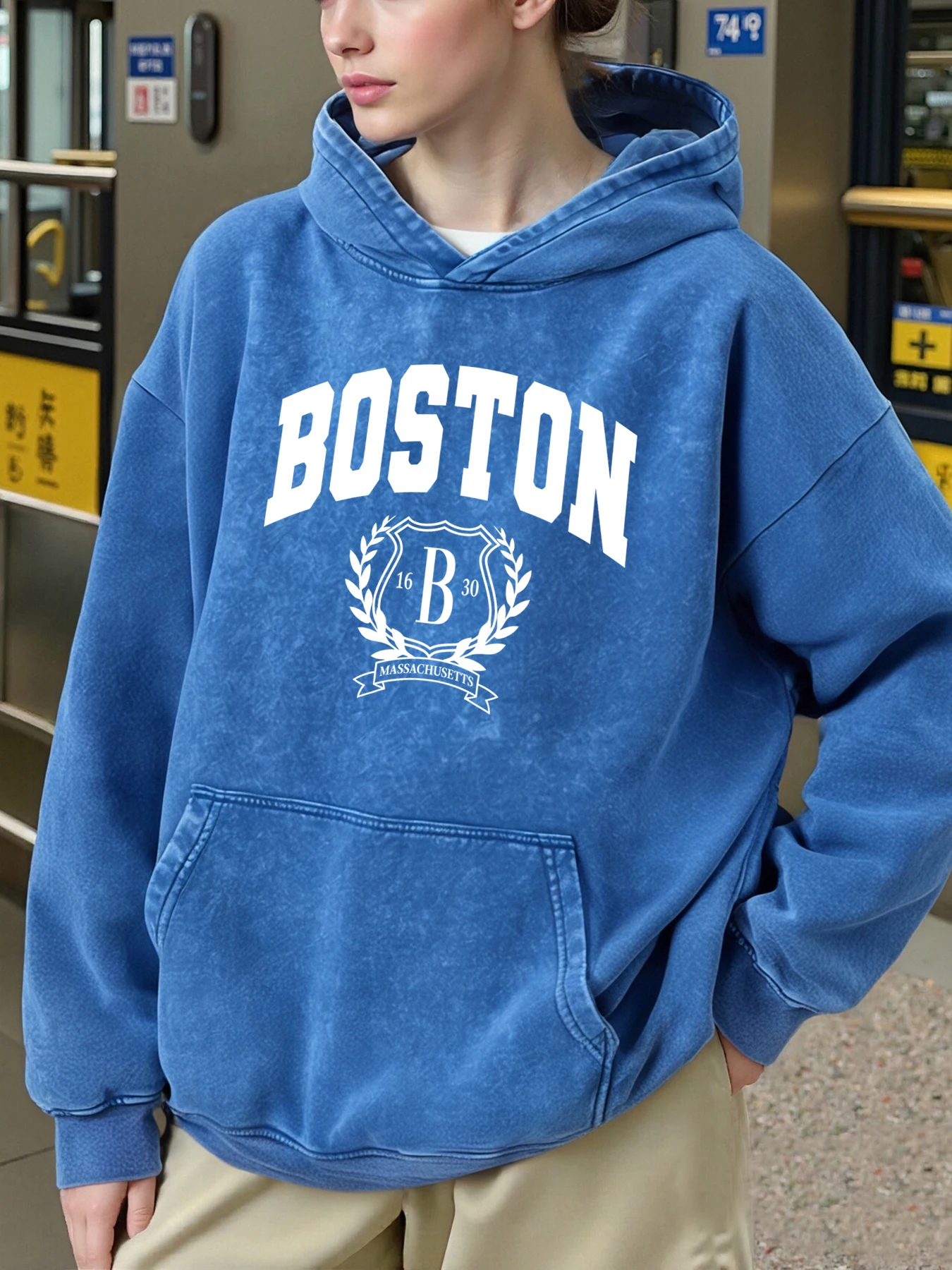 بوسطن الولايات المتحدة الأمريكية مدينة نمط المرأة هوديي فضفاض لينة غسلها هوديس عادية كل مباراة الشارع الشهير الخريف الشتاء القطن الإناث هودي #3
