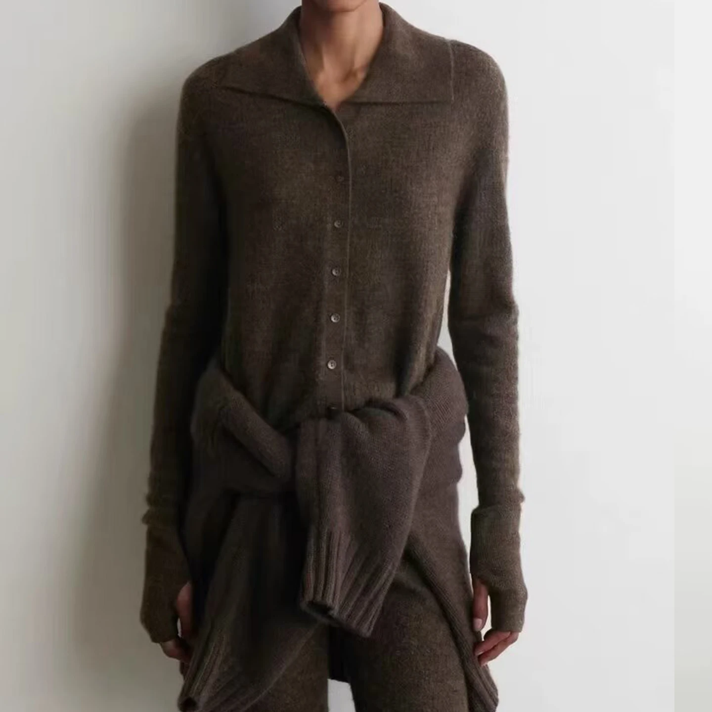 

Новинка осени 202, женский открытый кардиган с воротником-пуделем, универсальный длинный вязаный свитер свера, европейский сле Z