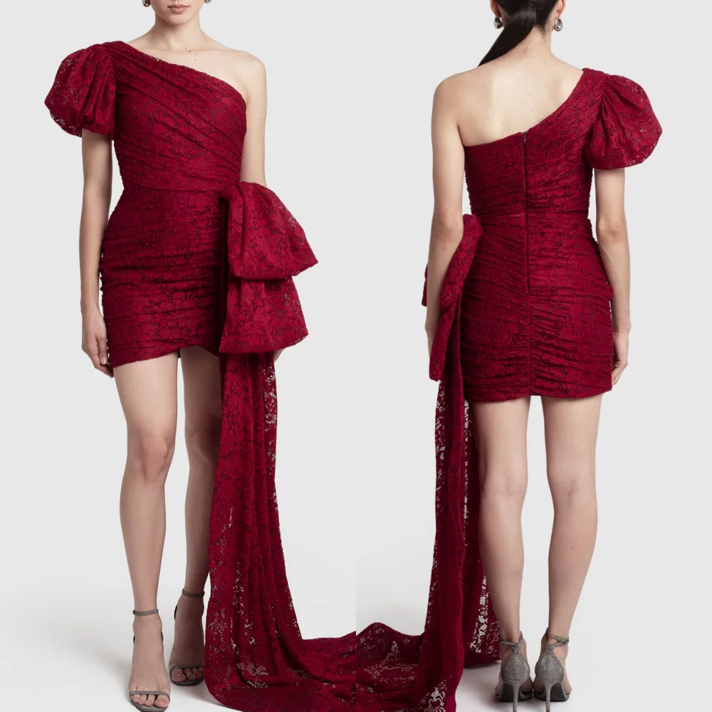 Customized Lace Pleat Sheath One-shoulder Mini Dresses Bespoke Occasion Party Cocktail Fashion Formal High Quality
