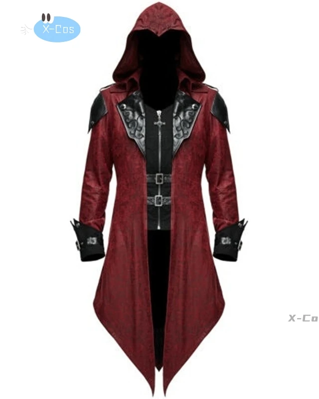 2024 Nieuwe Middeleeuwse Huurmoordenaarsspel Moordenaars Creed Cosplay Kostuum Edward Streetwear Jas Capuchon Bovenkleding Halloween Feestkleding