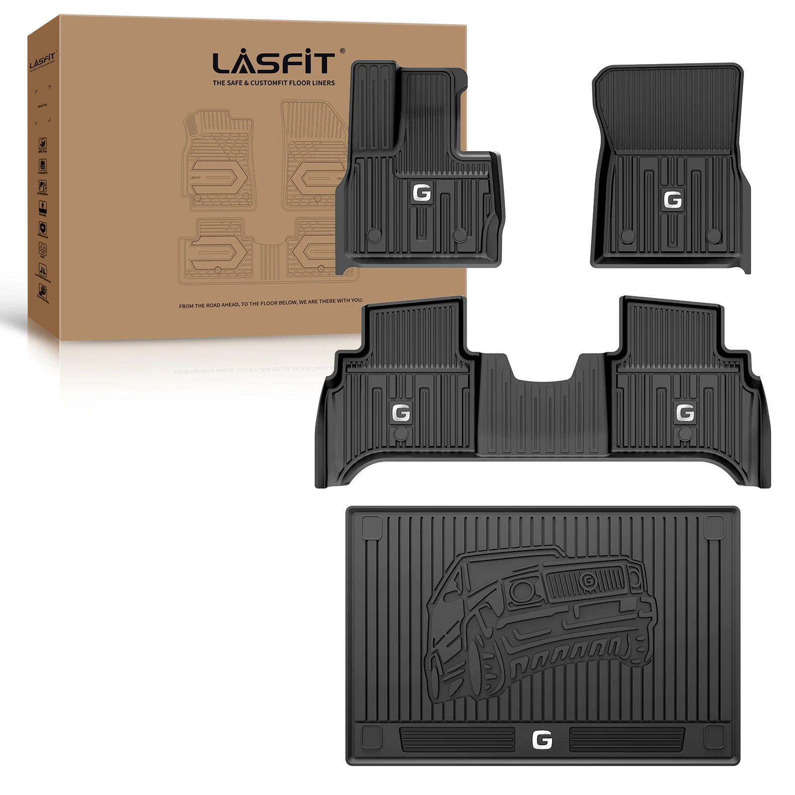

Коврики LASFIT подходят для Mercedes Benz G Class G500 G550 2019-2025 1-й, 2-й ряд и грузовой всепогодный материал TPE Автомобильные коврики