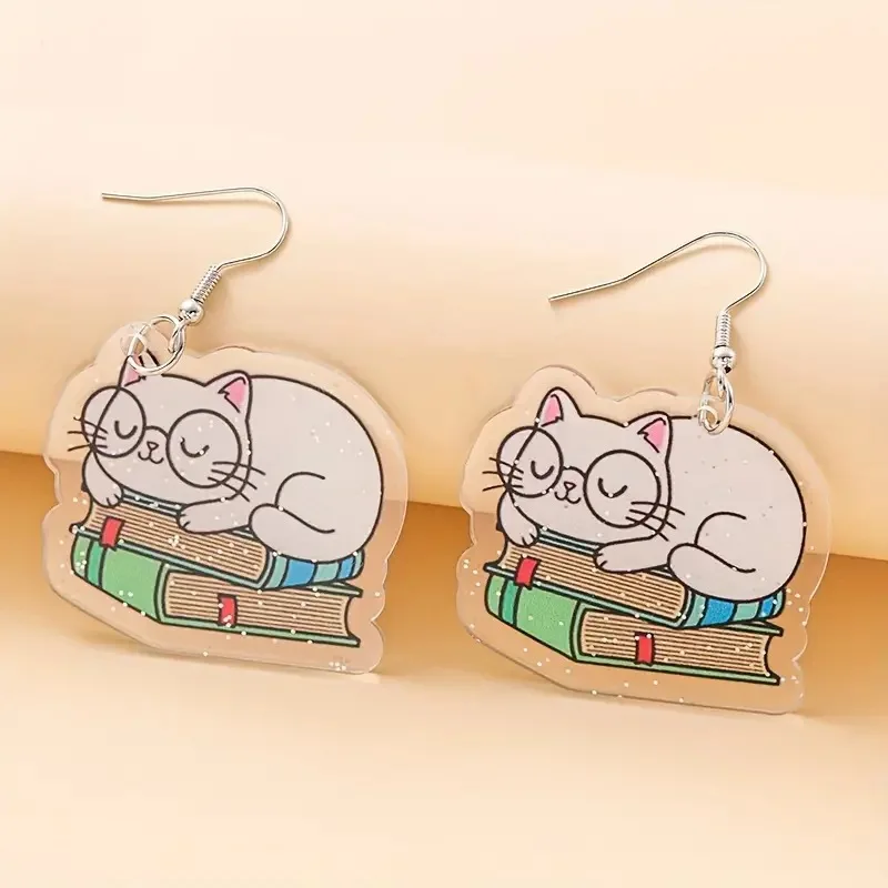 New 2024 Cute Cat Book Dangle Earrings Cartoon Back to School Graduation Season Acrylic Earrings Gift for Teacher