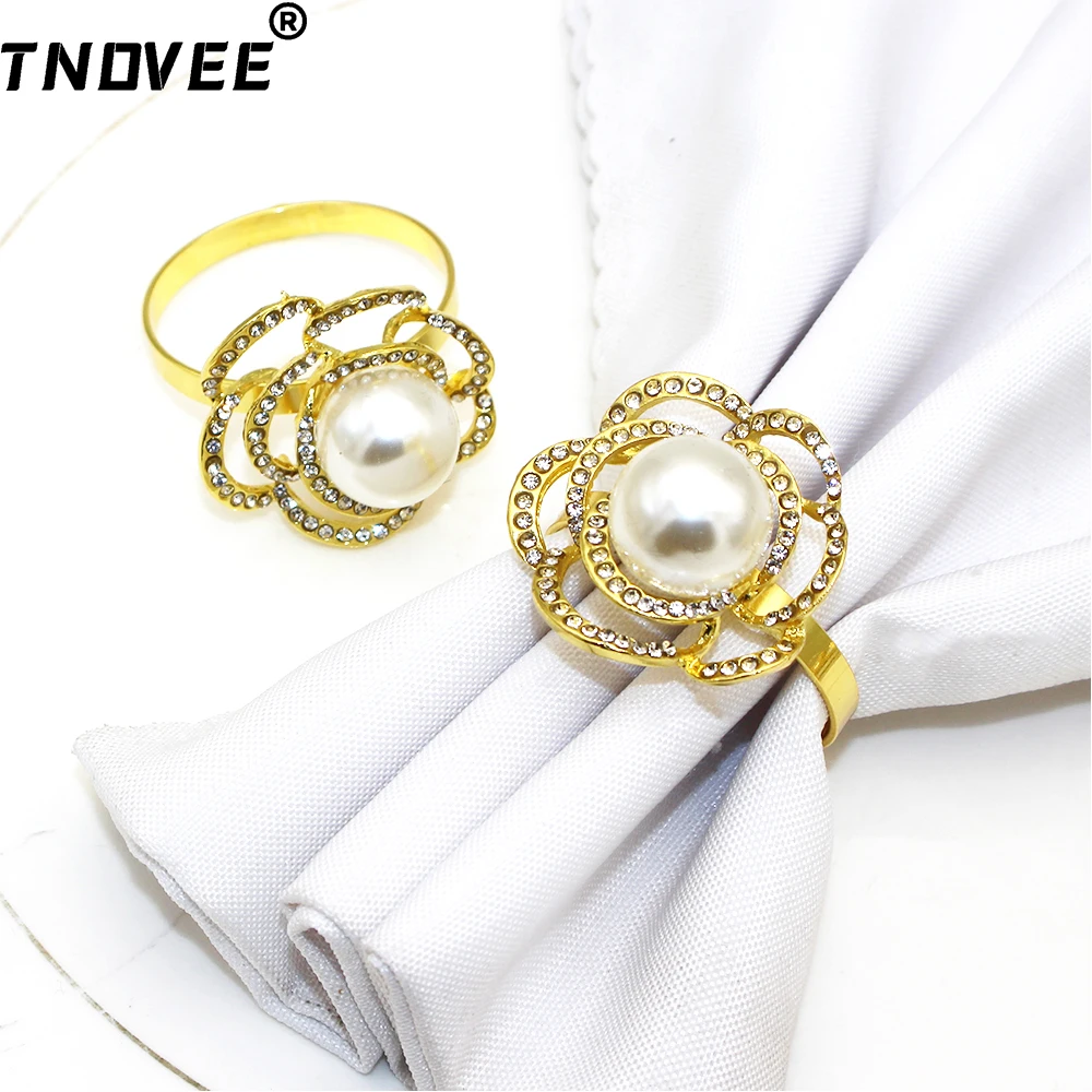 

6Pcs Rose Napkin Rings Pearl Rhinetone Flower Napkin Holder for Valentine's Day Wedding Bride Shower Party Supplies Table Decor