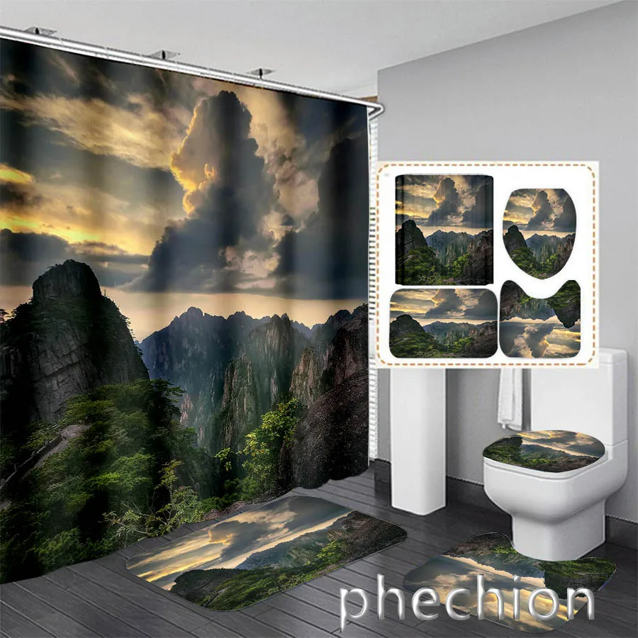 Phechion Landscape Art 3D Printing Waterproof Bathroom Shower Curtain Toilet Cover Mat Non-Slip Floor Mat (1/3/4Pcs) W23