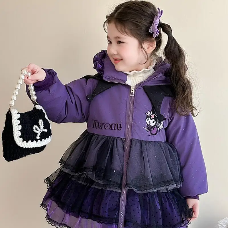 

Girl's Cartoon Lolita Kuromi Cotton Coat Winter 2025 New Children's Cartoon Kawaii Thick Warm Medium Long Princess Style Jacket