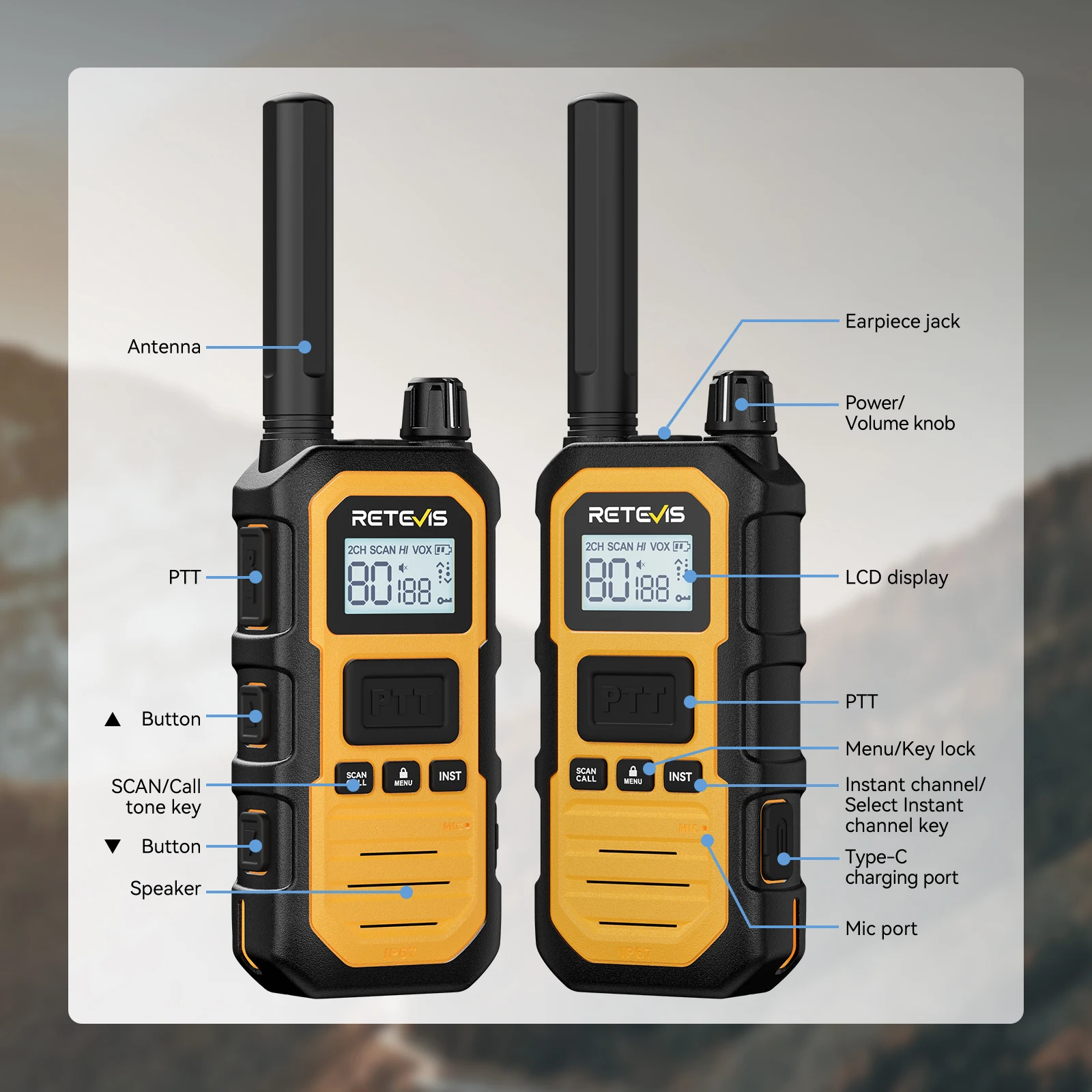 Retevis RB448Plus Walkie-Talkie UHF CB Robustes IP67-zertifiziertes 4W Hochleistungs-Funkgerät mit Ein-Tasten-Voreinstellung für Raue Umgebungen – Detail 9