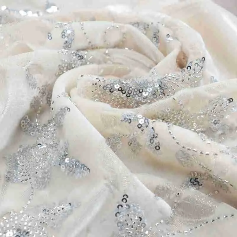 

Silver three-dimensional beaded tubes embroidered gold lines woven fabric sequined wedding dress evening women's