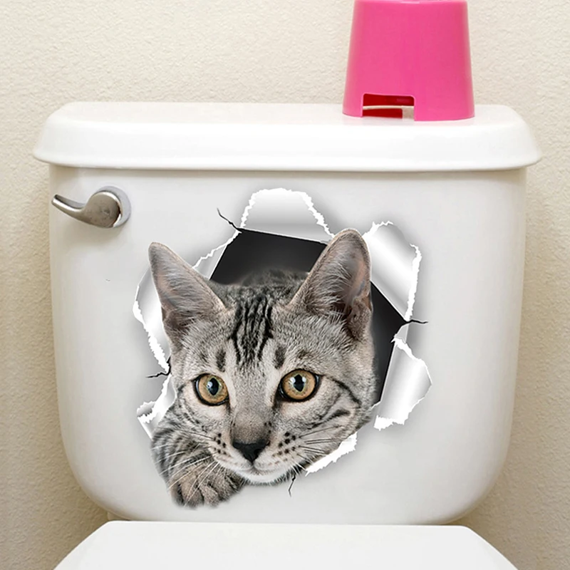 Divertidos pegatinas 3D para asiento de inodoro de gatito, calcomanías impermeables para pelar y pegar, calcomanías de animales para baño, decoración para baño