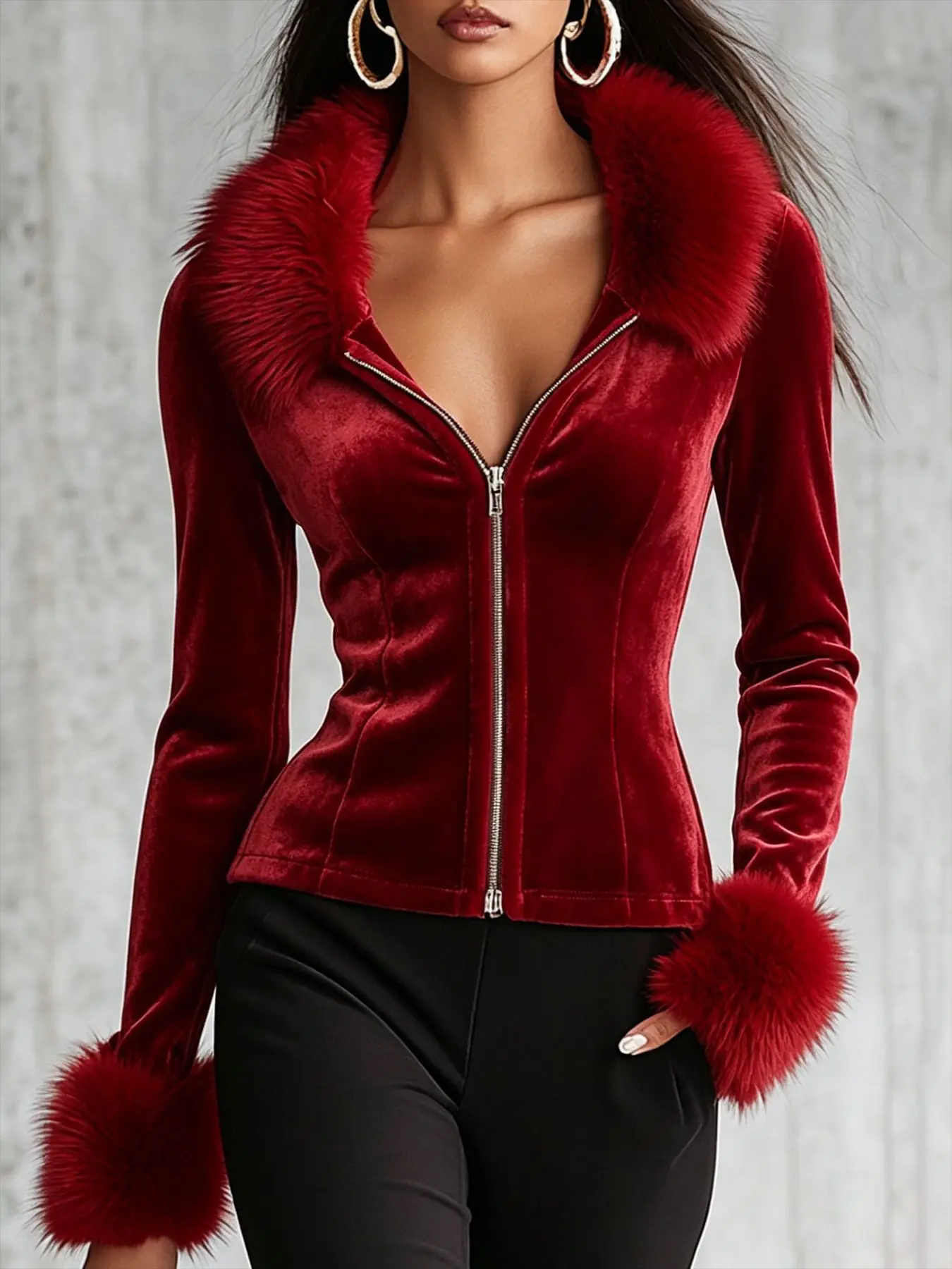 Vintage Women Velvet Zipper Top Faux Fur Collar Cuff Long Sleeve Slim Fitted Cropped Blouse Elegant Party Clubwear Ladies Tops