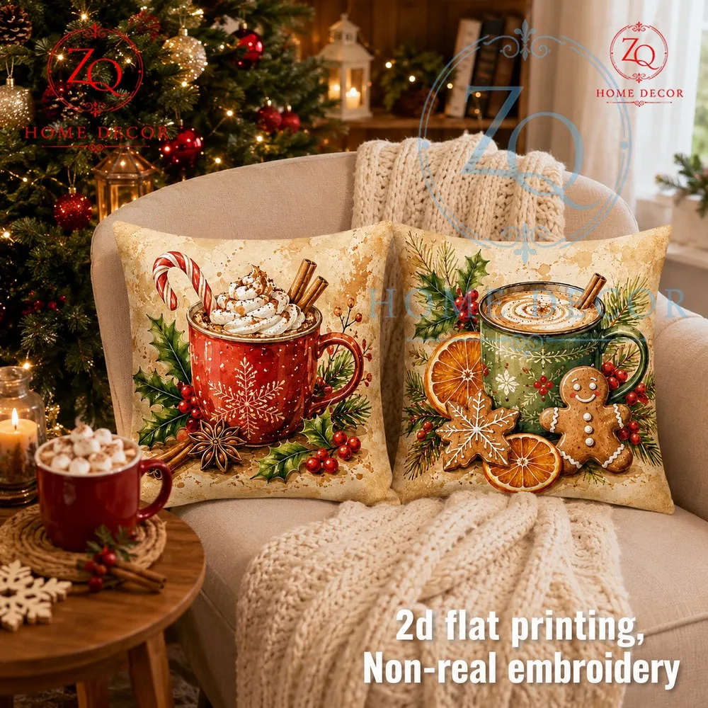 Retro Christmas gingerbread hot drink pillowcase green cup holly berry warm winter cushion cover festive home decor mching