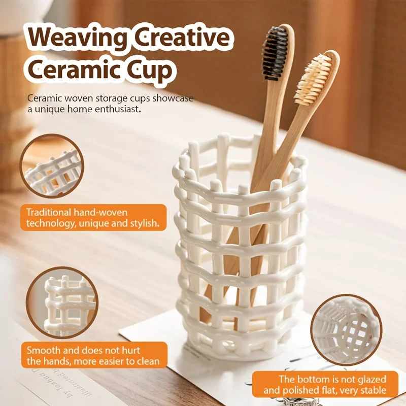 

Luxury Toothpaste Tube Makeup Brush StorageHandwoven Ceramic Toothbrush Holder Bathroom Organizer