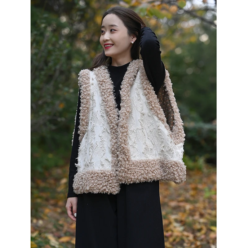 

2025 New Arrival Autumn/winter Women Casual Loose All-matched Open Stitch Outerwear & Coats Patchwork V-neck Cotton Vest J188