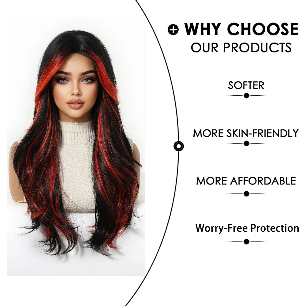 يسلط الضوء على الشعر الاصطناعي باللونين الأسود والأزرق مقاس 24 بوصة مع تجعيد مموج، ومقاومة للحرارة الطبيعية، ومناسبة للحفلات اليومية النسائية