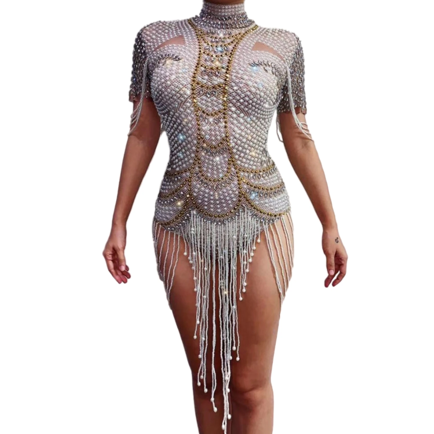 Xiangya-body de fiesta con perlas y diamantes de imitación para mujer, leotardo elástico con flecos de cristal, traje de baile, ropa de actuación