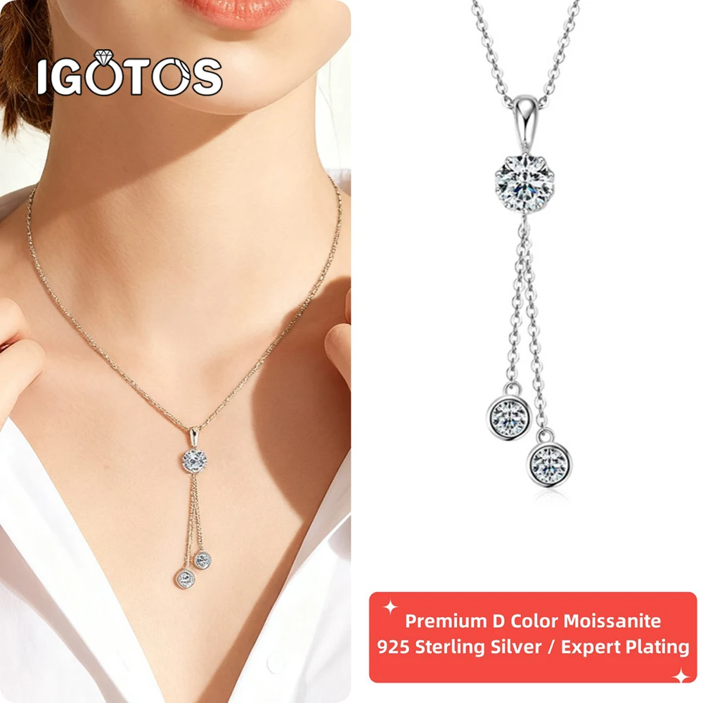 

1.6cttw Tassel Necklace Moissanite Pendant 18K Gold Plated 925 Sterling Silver Jewelry 3 Stone Layered Chain Gift for Women