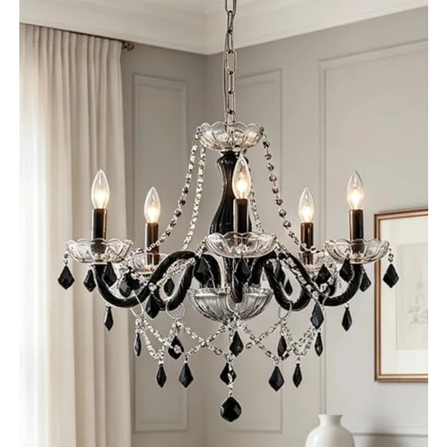 

Modern pendant ceiling lighting fixture for dining room, bedroom, living room: black and clear crystal chandelier, D19 x H19 wi