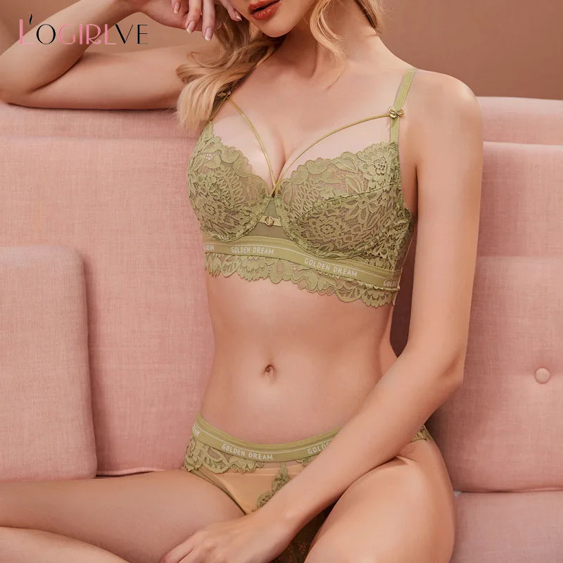 Logirlve New Sexy Green Brassiere Women Ultrathin Ultra-thin Underwire Bra Embroidered Lace Underwear Women\'s Push Up Bra Set