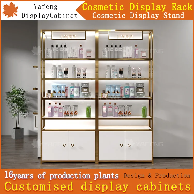 Custom.Beauty Salon Cosmetics Display Cabinet with Multi-Layer Product Shelf Nail Polish Rack and Bag Shelf for Storefront Displ