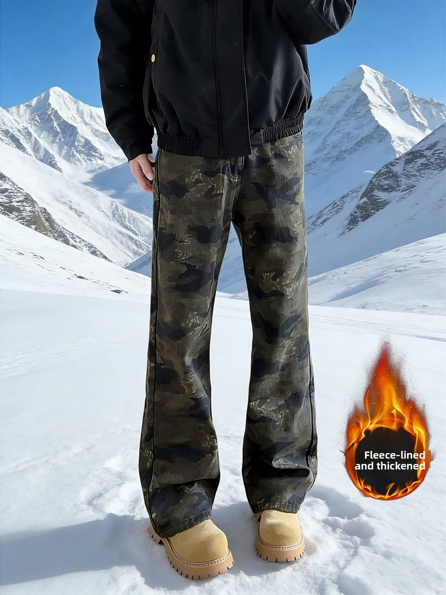 

American Sle Camouflage Thiened Fce Men's Jeans Slim Straight Workwear Pants High Street Vibe Casual Trousers
