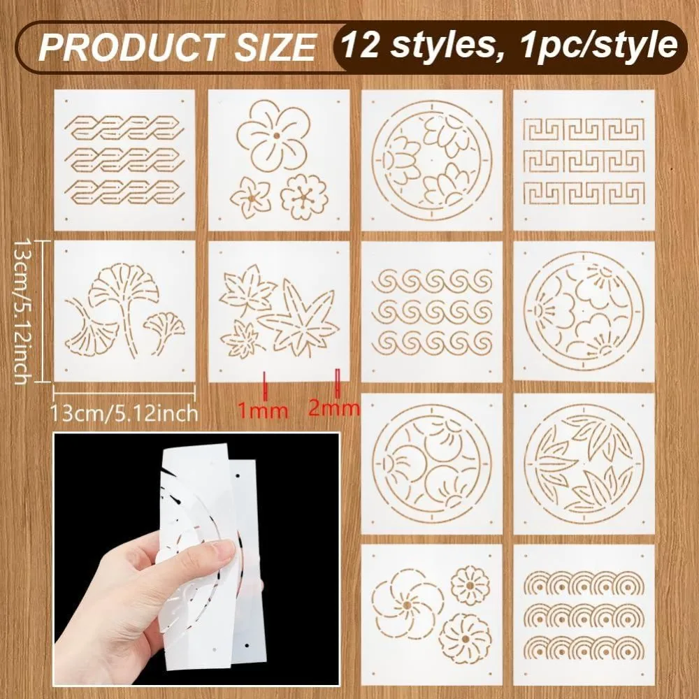 12Pcs Plastic Sashiko Stencil 5x5inch Flowers Leaves Continuous Pattern Embroidery Tool Drawing Line Template for Hand Quilting