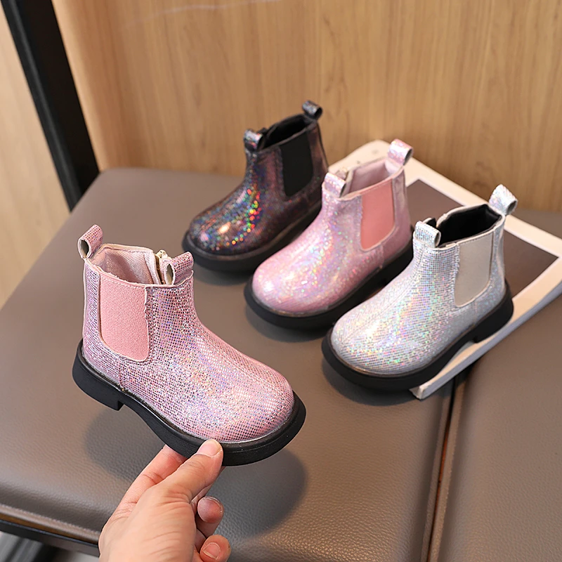 Children Chelsea Boots Paillette Sparkly Three Colors Chunky Girl\'s Autumn Boot Short Zipper Ankle-high 21-30 Trendy Kids Shoes