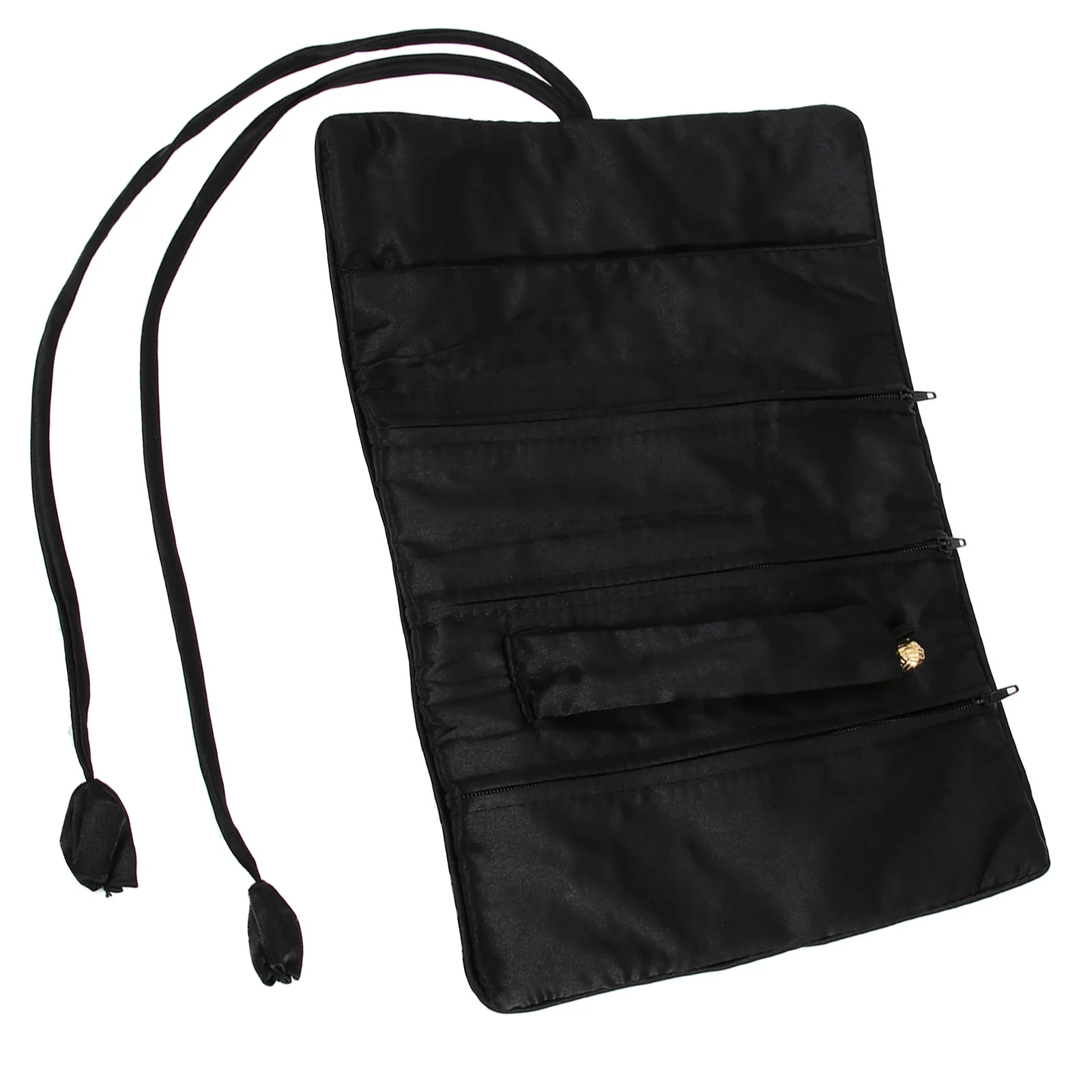 

Embroidered Jewelry Roll Bag Black with Large Pocket 3 Zippered Compartments Silk Satin Jewelry Organizer Travel