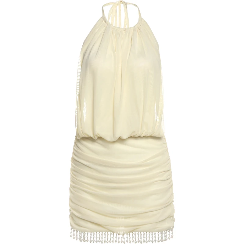 Mini abito patchwork in rete da donna con lacci Halter sexy senza schienale con perle nappa Midnight Club Party abiti eleganti increspati