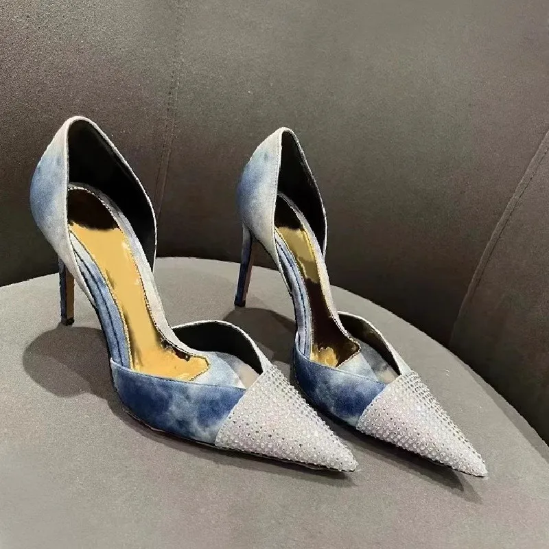 

Spring and summer pointed shallow mouth Denim rhinestone hollow sandals slim high heels banquet dress daily women's single shoes