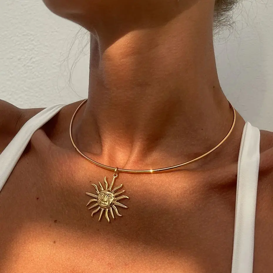 SHIXIN Retro Smooth Golden Metal Thin Choker Necklace for Women Trendy Sun Pendant Necklace Torques Summer Neck Chain Jewelry image 2