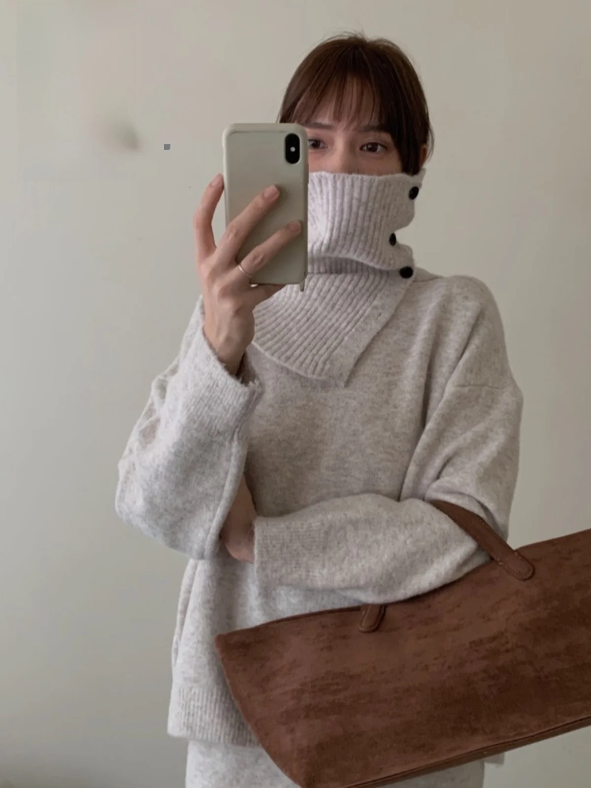 부드럽고 아늑한 넥워머 니트 스웨터 겨울 상의 하프 스커트 투피스 세트 한국 스타일 루즈핏 긴팔 라운드넥