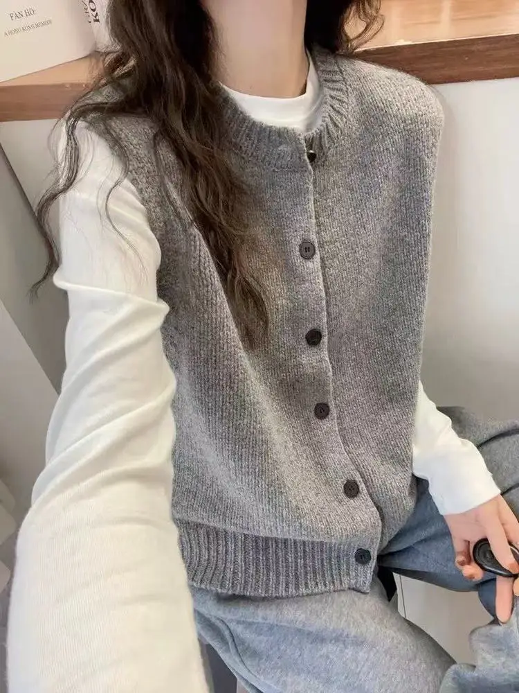 

Women's round Ne Svel Pure Wool Knitted Vest Soft Cozy Autumn Winter Loose Slimming Camere Cardigan Versatile Sweater