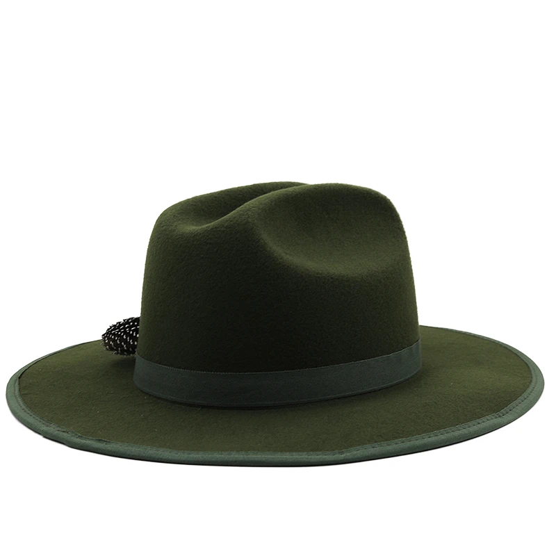 New Military green Feather band Wool Women Fedora Hat Men cowboy hats Elegant Lady Gangster Trilby Felt Homburg Church Jazz Hat