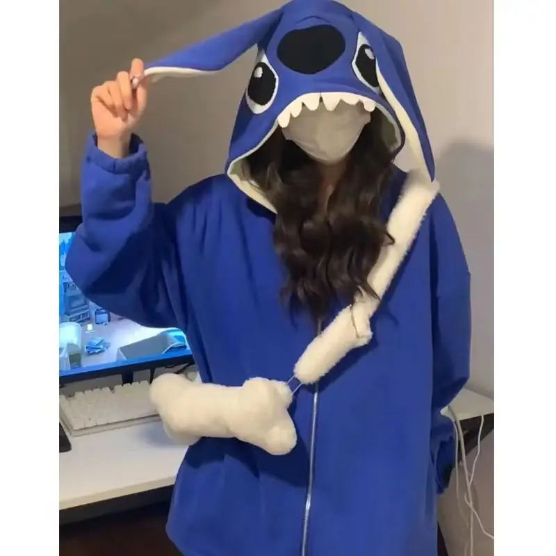 New Cartoon Stitch Kawaii Double-Layer Hat Big Ears Hooded Sweater Women\'s Winter Ins Loose Plus Velvet Cardigan Jacket Fleece