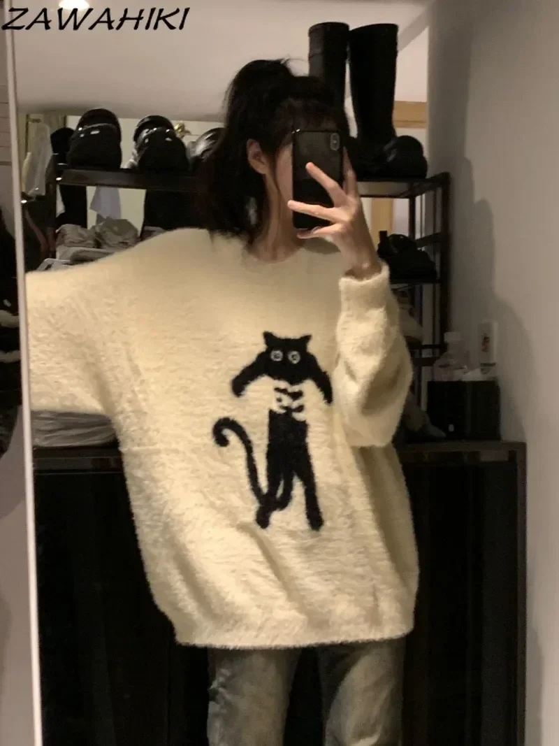 ZAWAHIKI Fall Winter Cartoon Cat Loose O-neck Casual Knitted Pullovers Casual All Match Kpop Chic Japanese Sweet Sweater Women