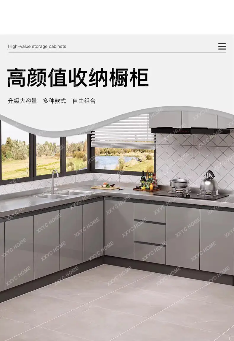 CX Kitchen Cabinet Household Simple Cooktop Cabinet PET Door 304 Stainless Steel Countertop Sink Cabinet
