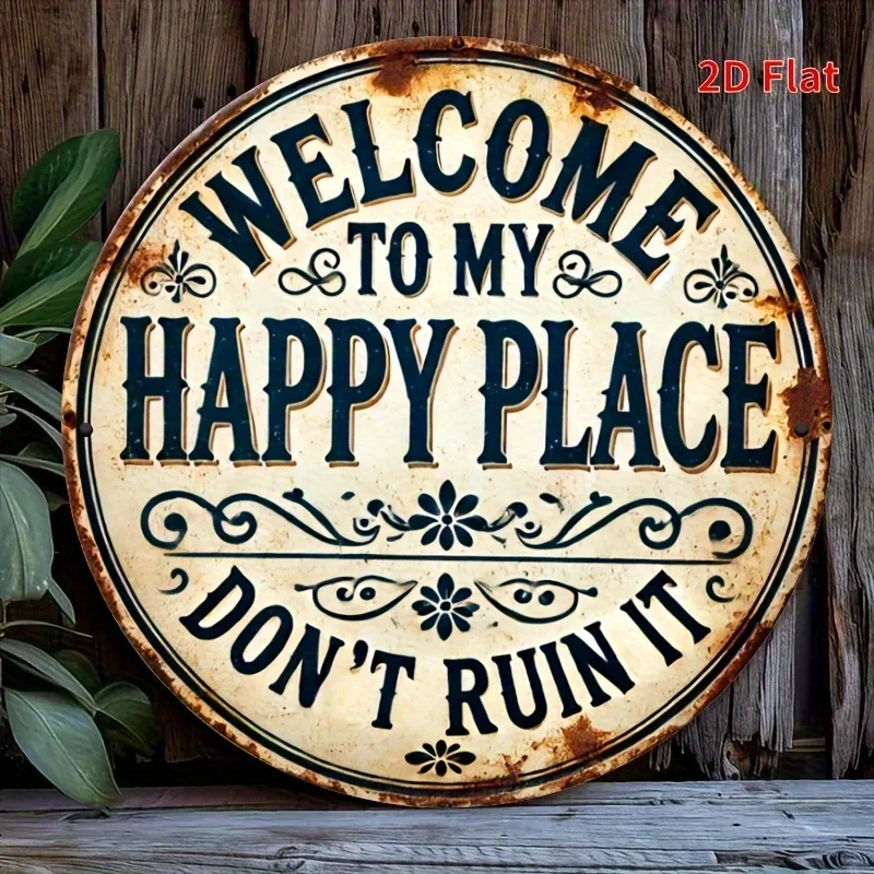 2D Flat, 2D Flat Print, Welcome to My Happy Place Round Wooden Sign - Durable and Easy-to-Hang Decoration, Suitable for Bedroom,