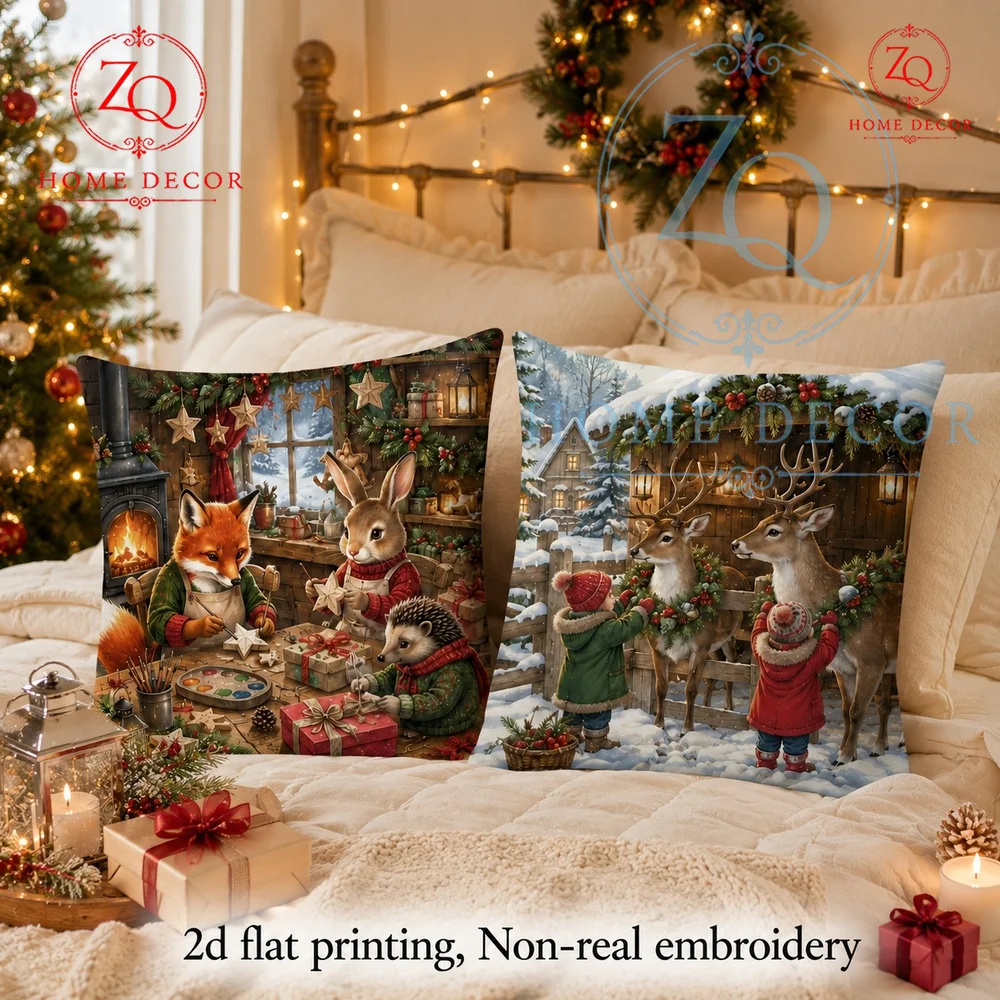 Vintage Christmas est Animal Crafting Throw Pillow Cover Rustic Winter Fox Rabbit Hedgehog Holiday Decor Cushion Case Couch